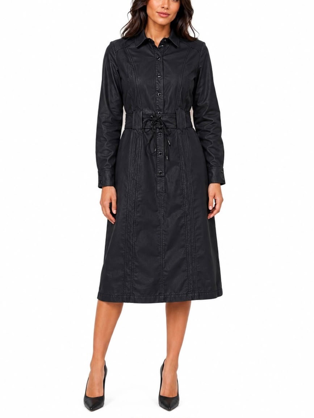 WHBM Womens 16 Black Coated Shirt Dress Belted Midi Waxed Denim Academia Goth